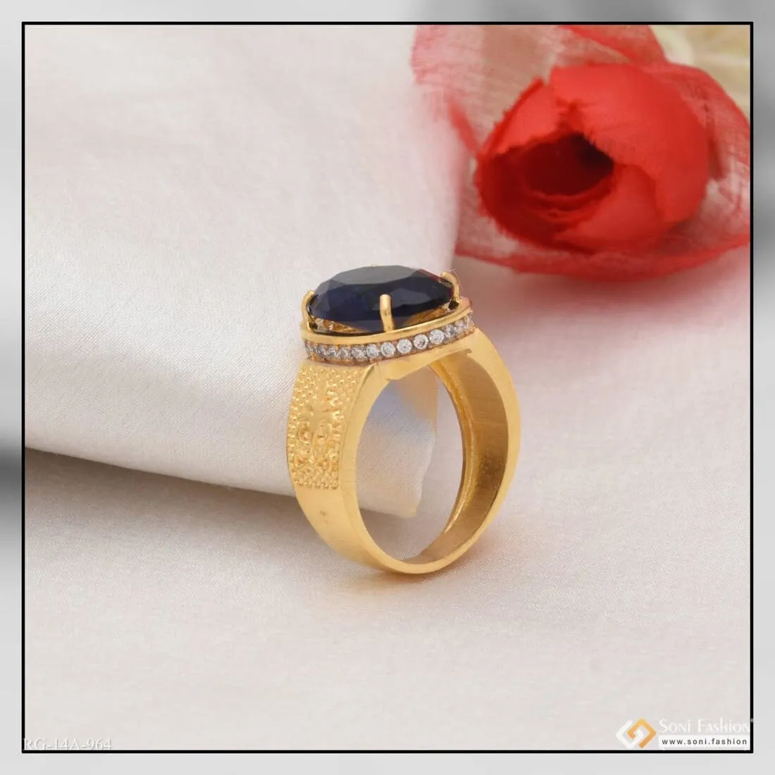 1 Gram Gold Forming Blue Stone with Diamond Best Quality Ring for Men - Style A964