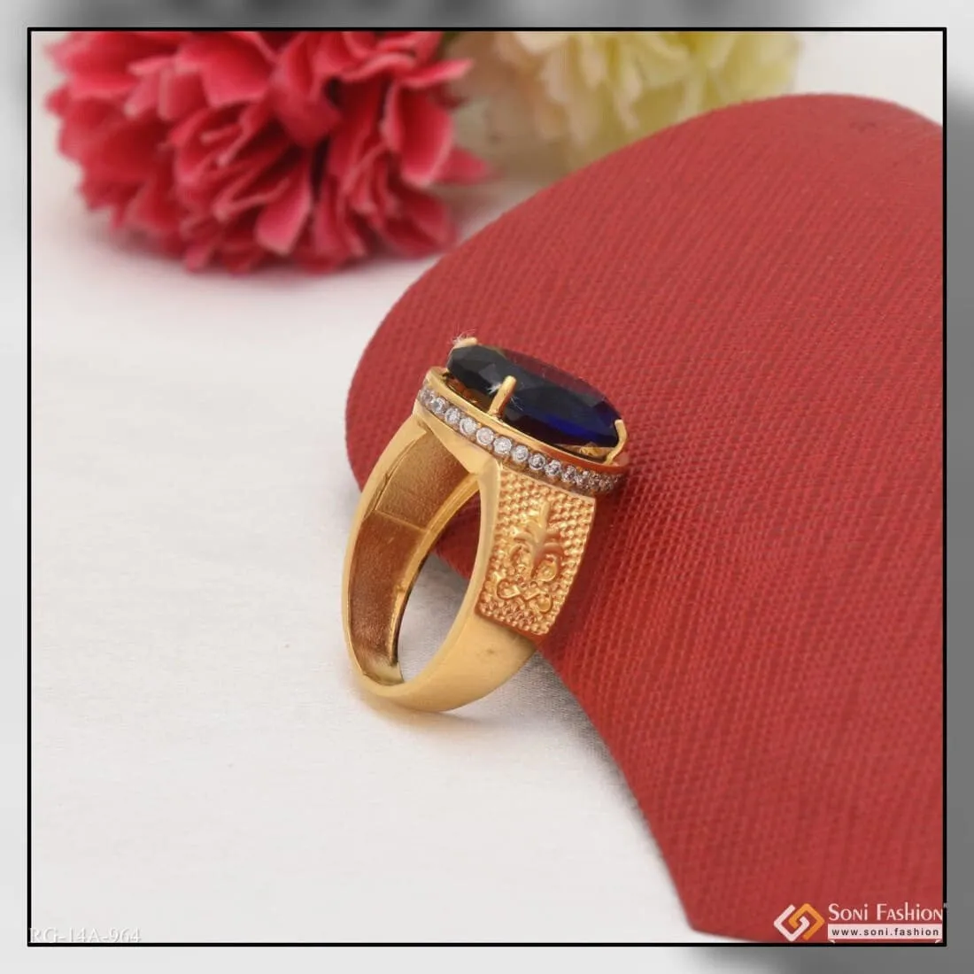 1 Gram Gold Forming Blue Stone with Diamond Best Quality Ring for Men - Style A964