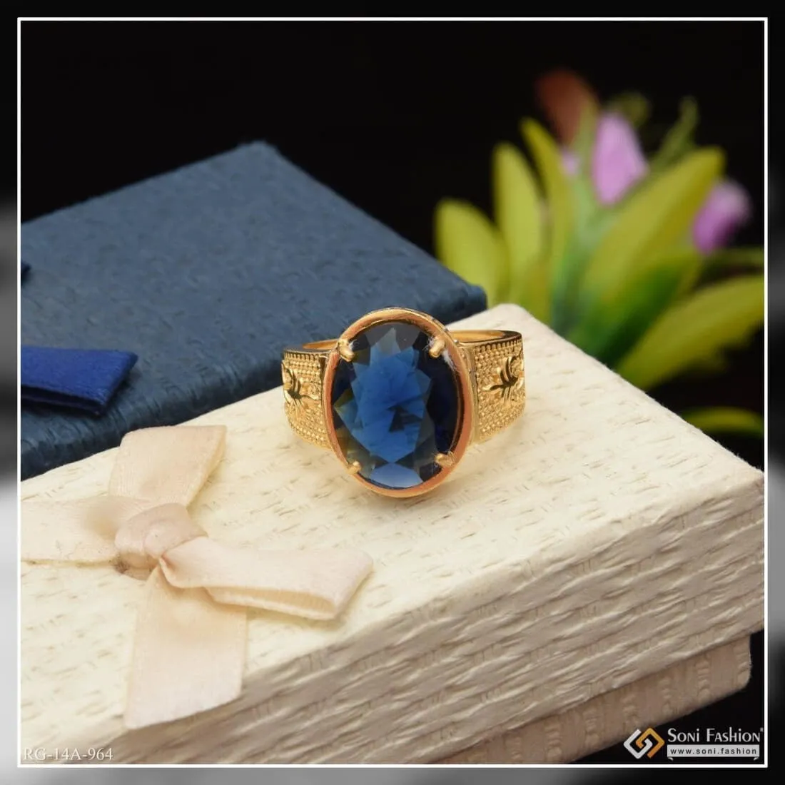 1 Gram Gold Forming Blue Stone with Diamond Best Quality Ring for Men - Style A964