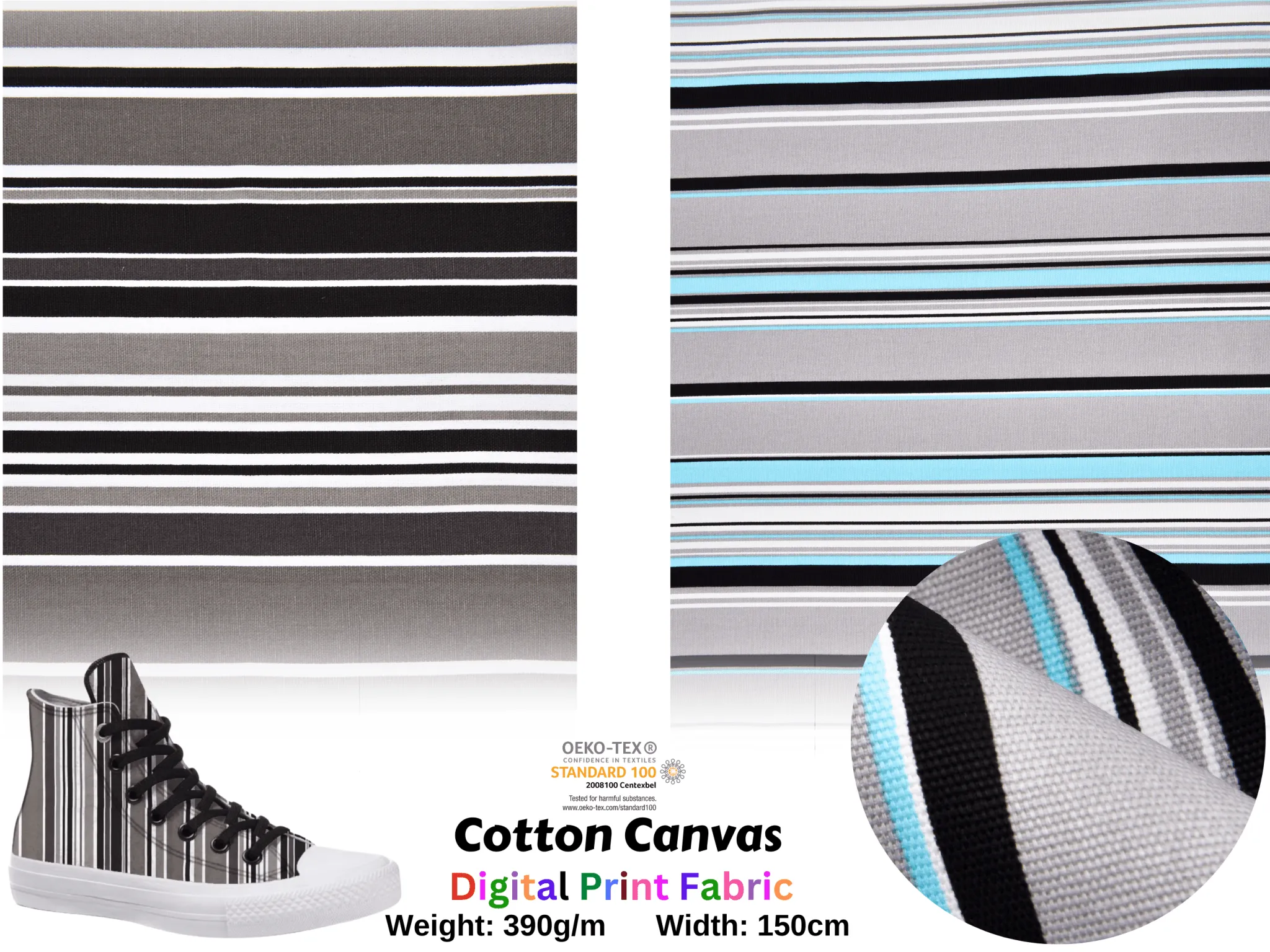 100% Cotton Half Panama Printed Fabric / Canvas printed Fabric /  Multi Shape Grey Striped Digital Print  Fabric