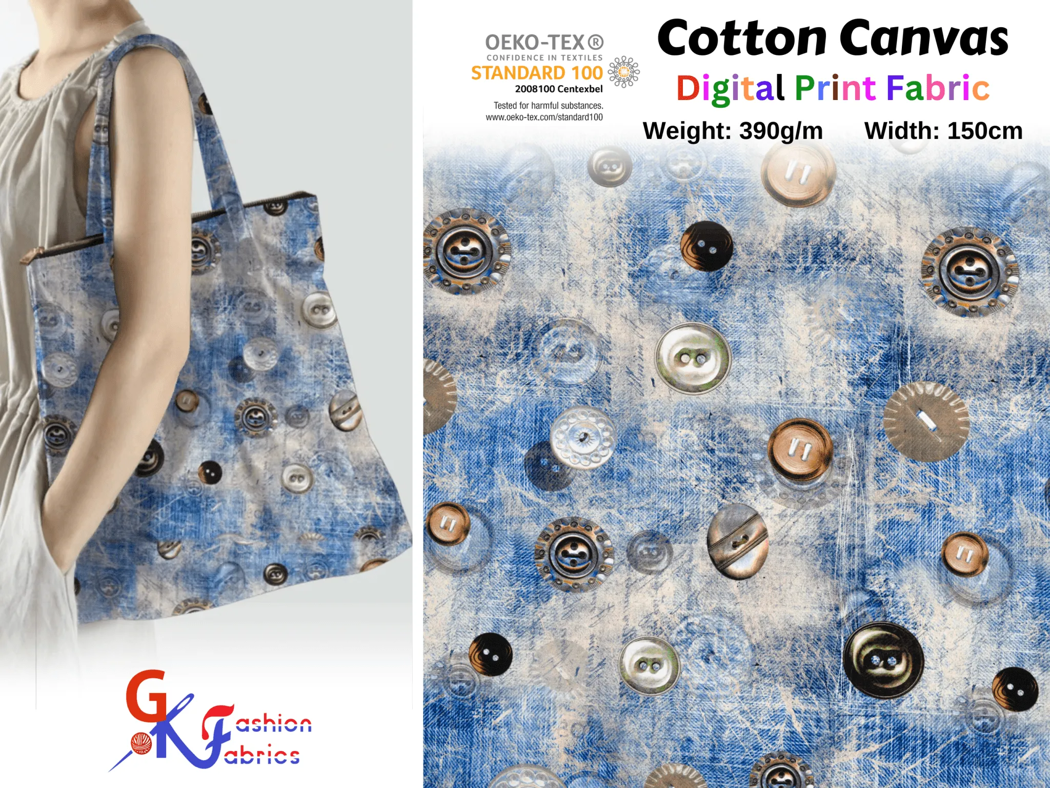 100% Cotton Half Panama Printed Fabric / Canvas printed Fabric / Shape Buttons Digital Print  Fabric