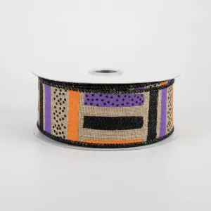 1.5" Brush Stroke Stripes Dots Ribbon: Beige, Black, Orange, Purple (10 Yards)