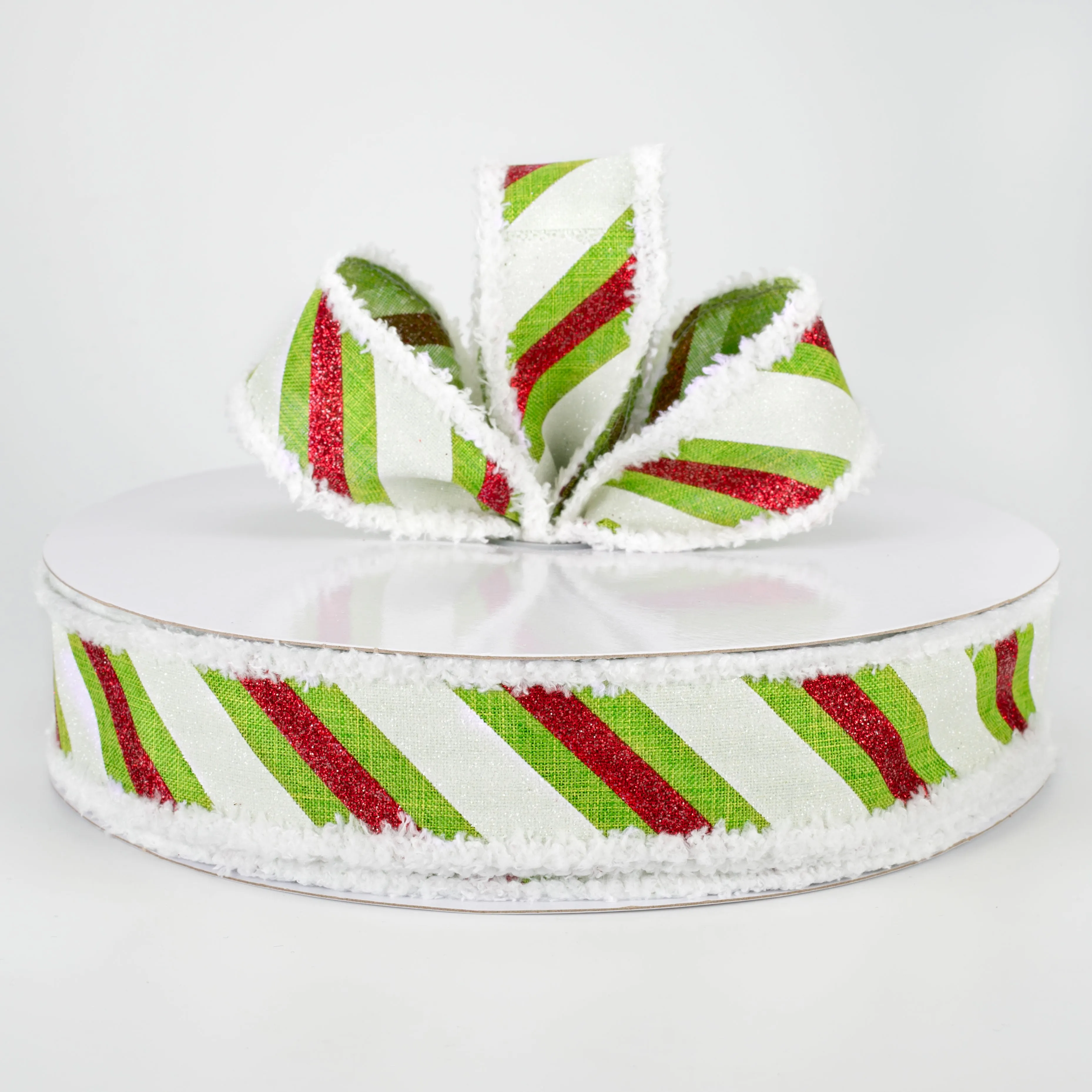 1.5" Chenille Edge Diagonal Glitter Stripe Ribbon: Lime, Red, White (50 Yards)