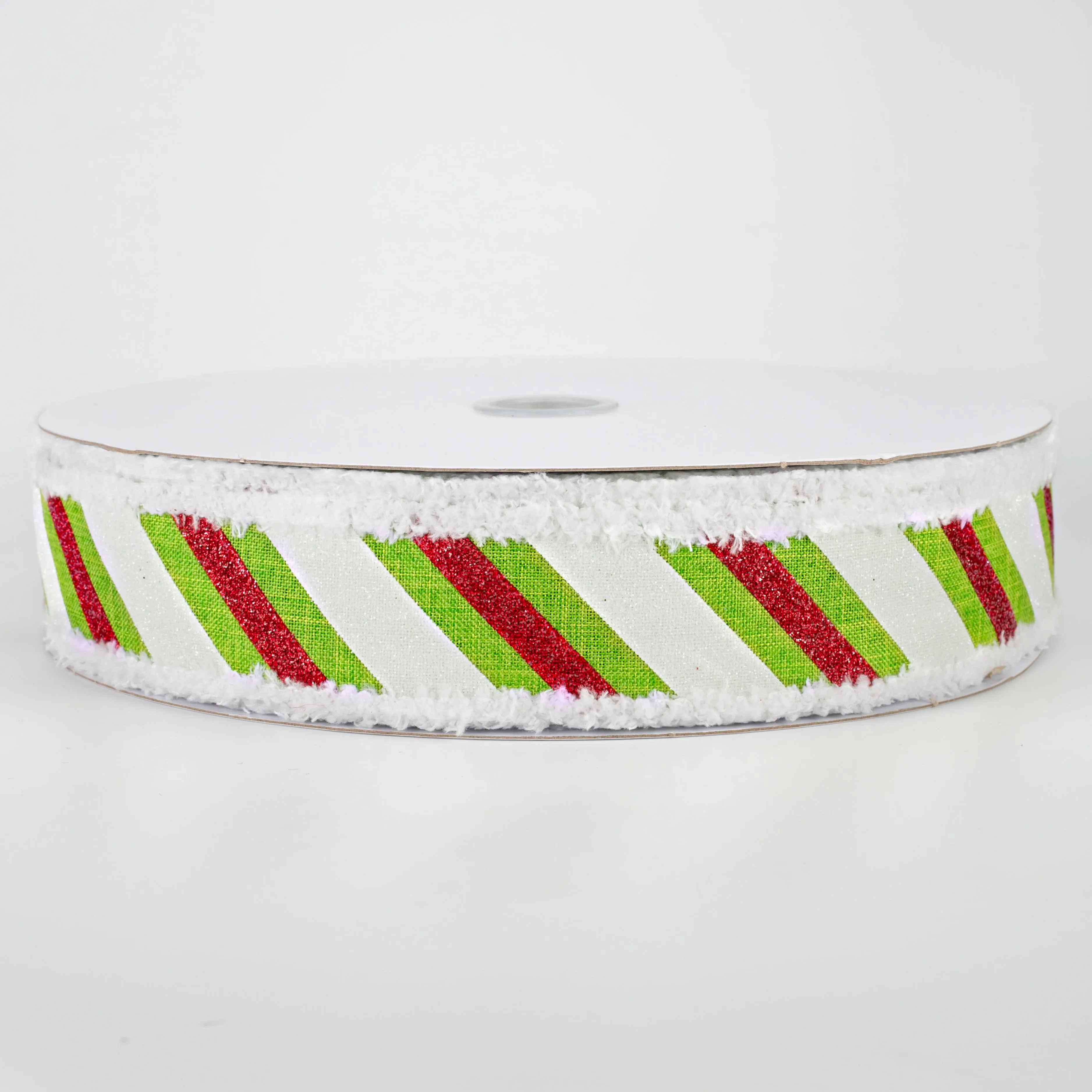 1.5" Chenille Edge Diagonal Glitter Stripe Ribbon: Lime, Red, White (50 Yards)