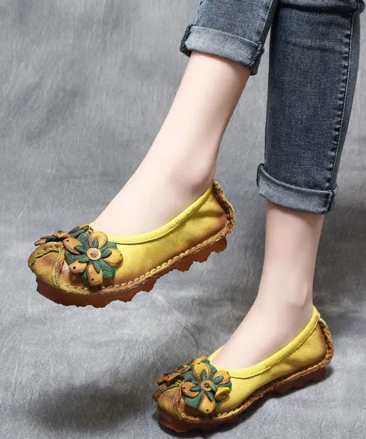 2023 Floral Splicing Flat Shoes Yellow Cowhide Leather