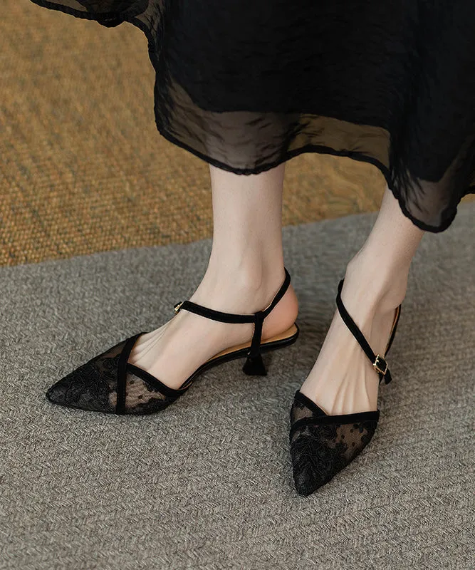 2024 Splicing High Heel Sandals French Black Tulle Pointed Toe