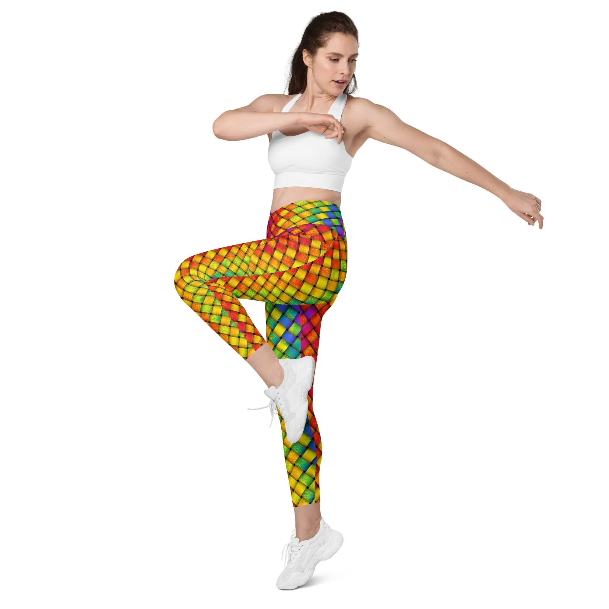 3D Rainbow Pattern Crossover Leggings With Pockets