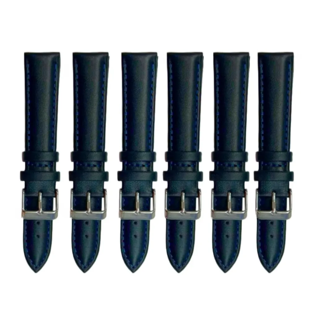 6PCS Black Leather Watch Band Sizes 8MM-24MM Padded w/BLUE Stitches