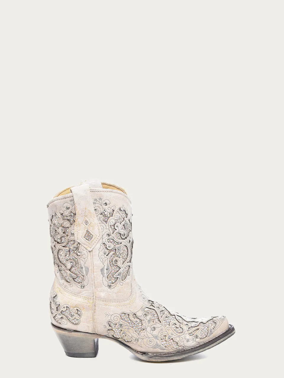 A3550 - WOMEN'S WHITE GLITTERED INLAY AND CRYSTALS SNIP TOE WEDDING COWBOY BOOTIE