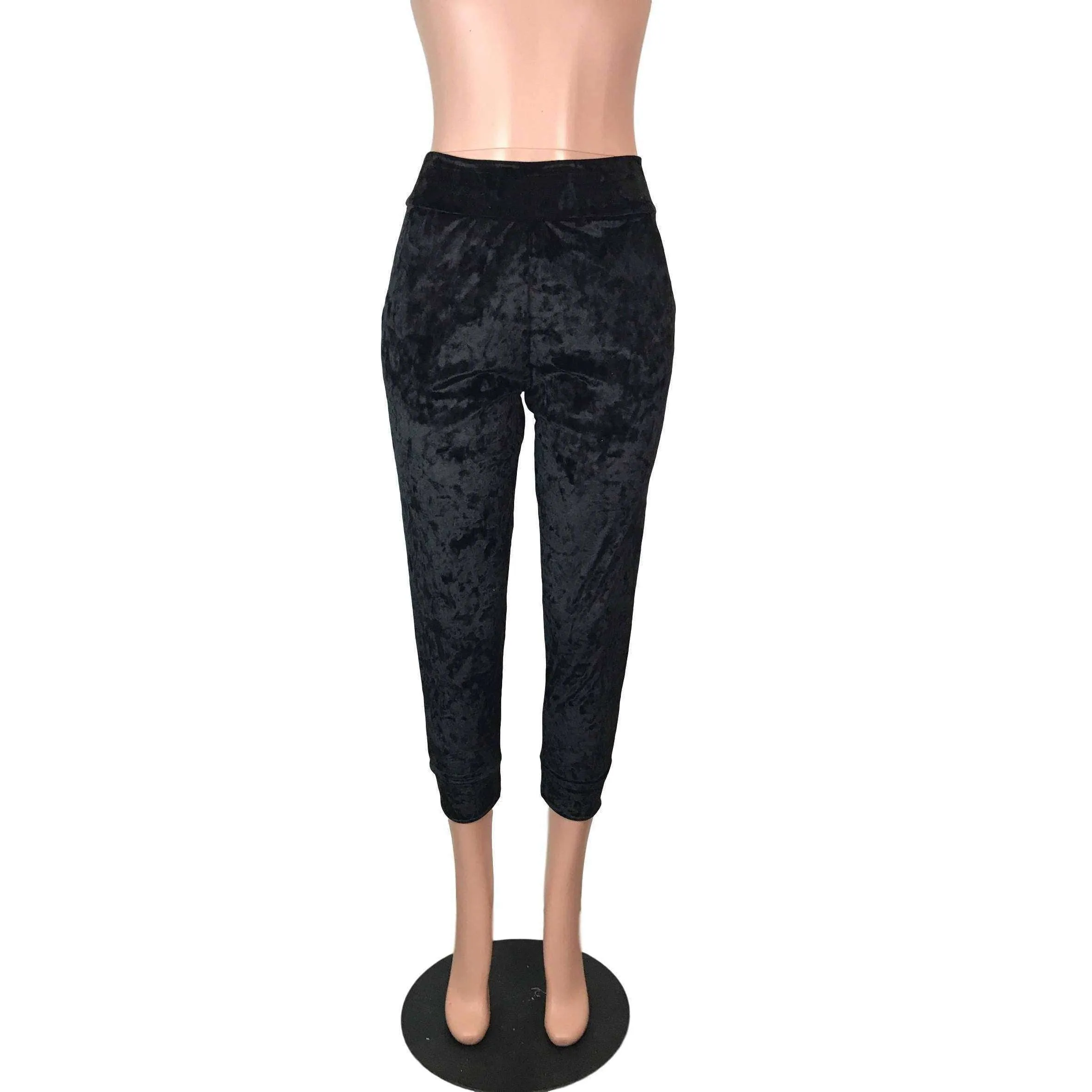 Black Crushed Velvet Joggers w/ Pockets Women's