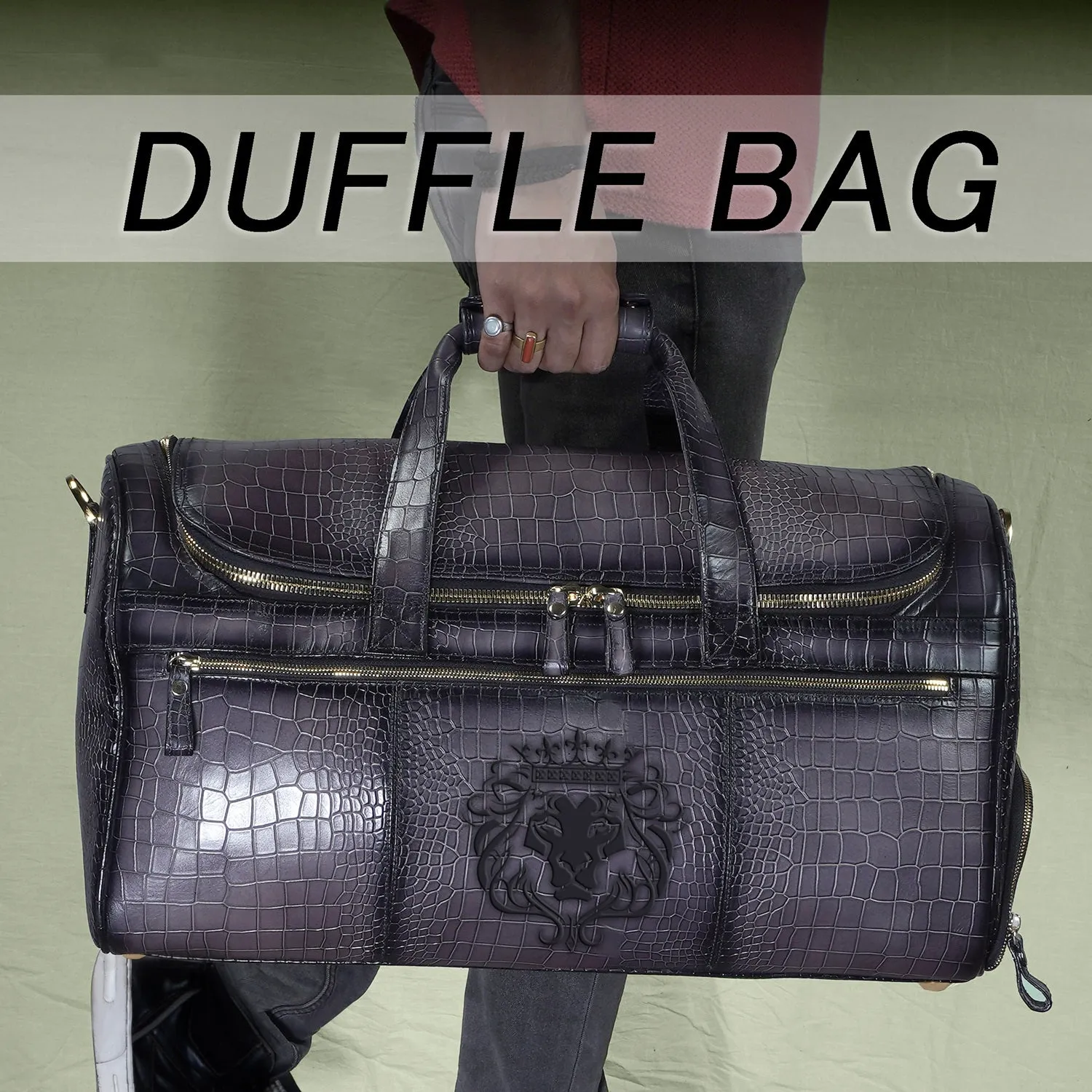 Croco Embossed Textured Grey Leather Duffle Bag