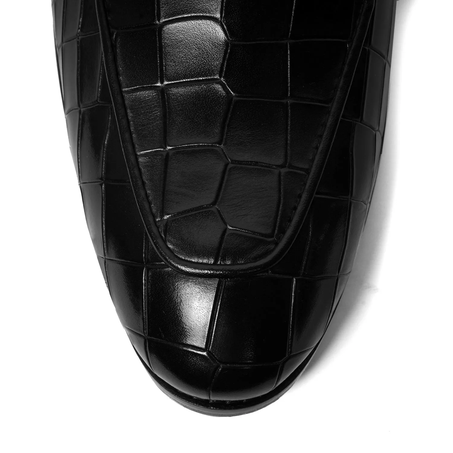 Croco Textured Black Loafer with Raised Metal Lion Chain Embellishment