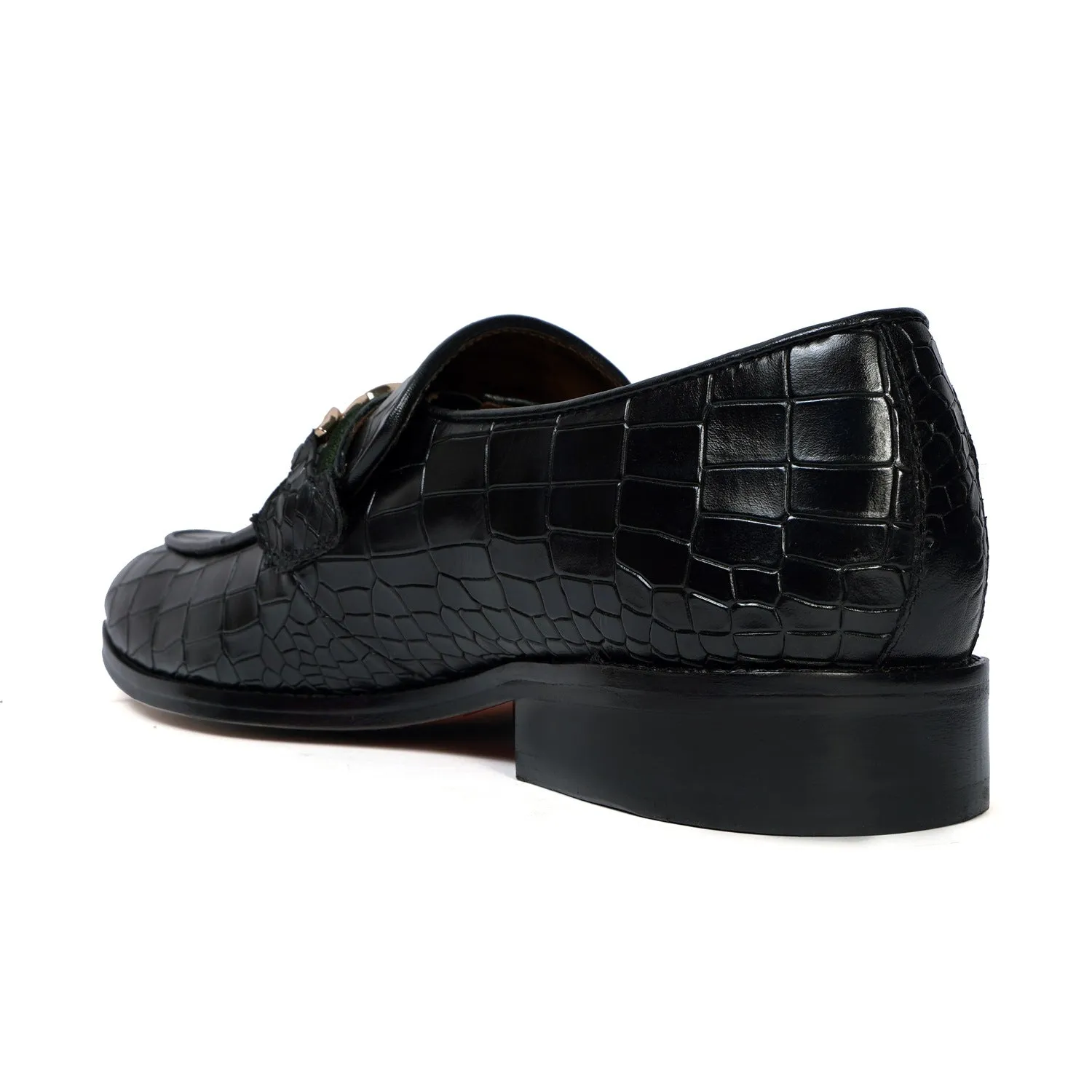 Croco Textured Black Loafer with Raised Metal Lion Chain Embellishment