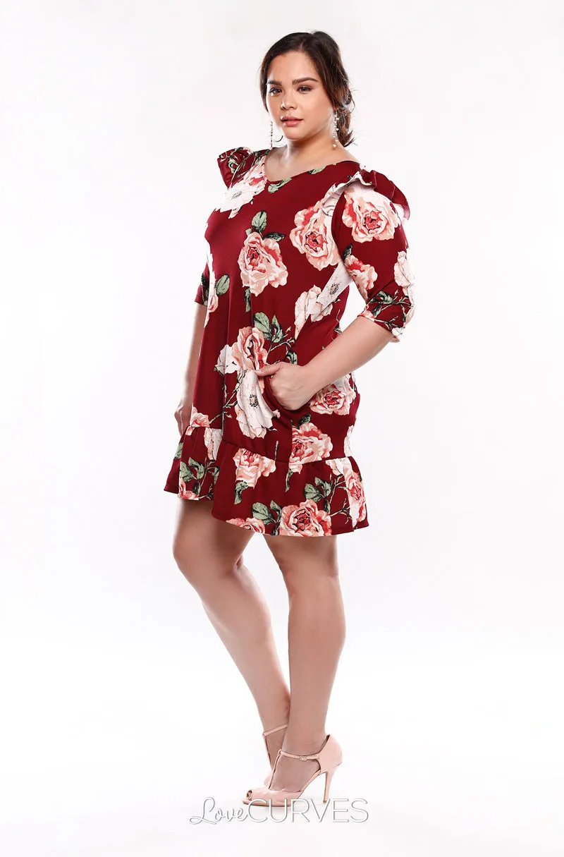 Drop Waist Ruffle Dress - Maroon Blossoms - KDR