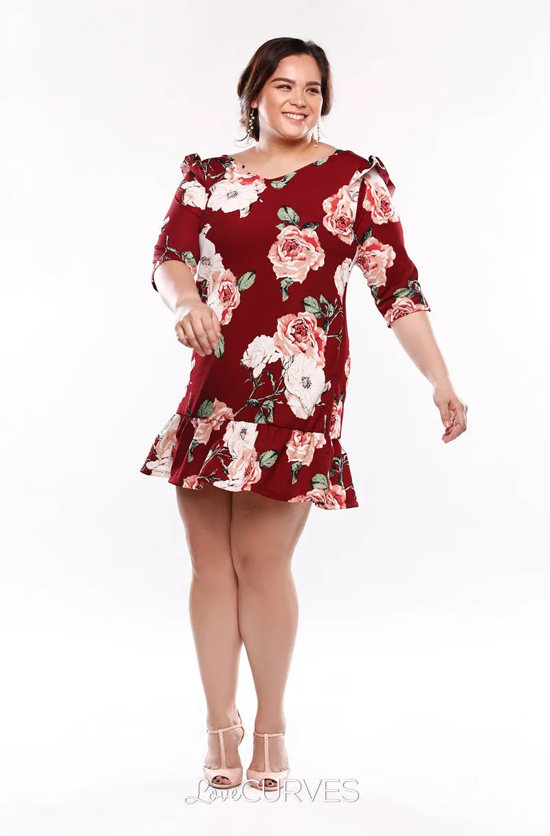 Drop Waist Ruffle Dress - Maroon Blossoms - KDR