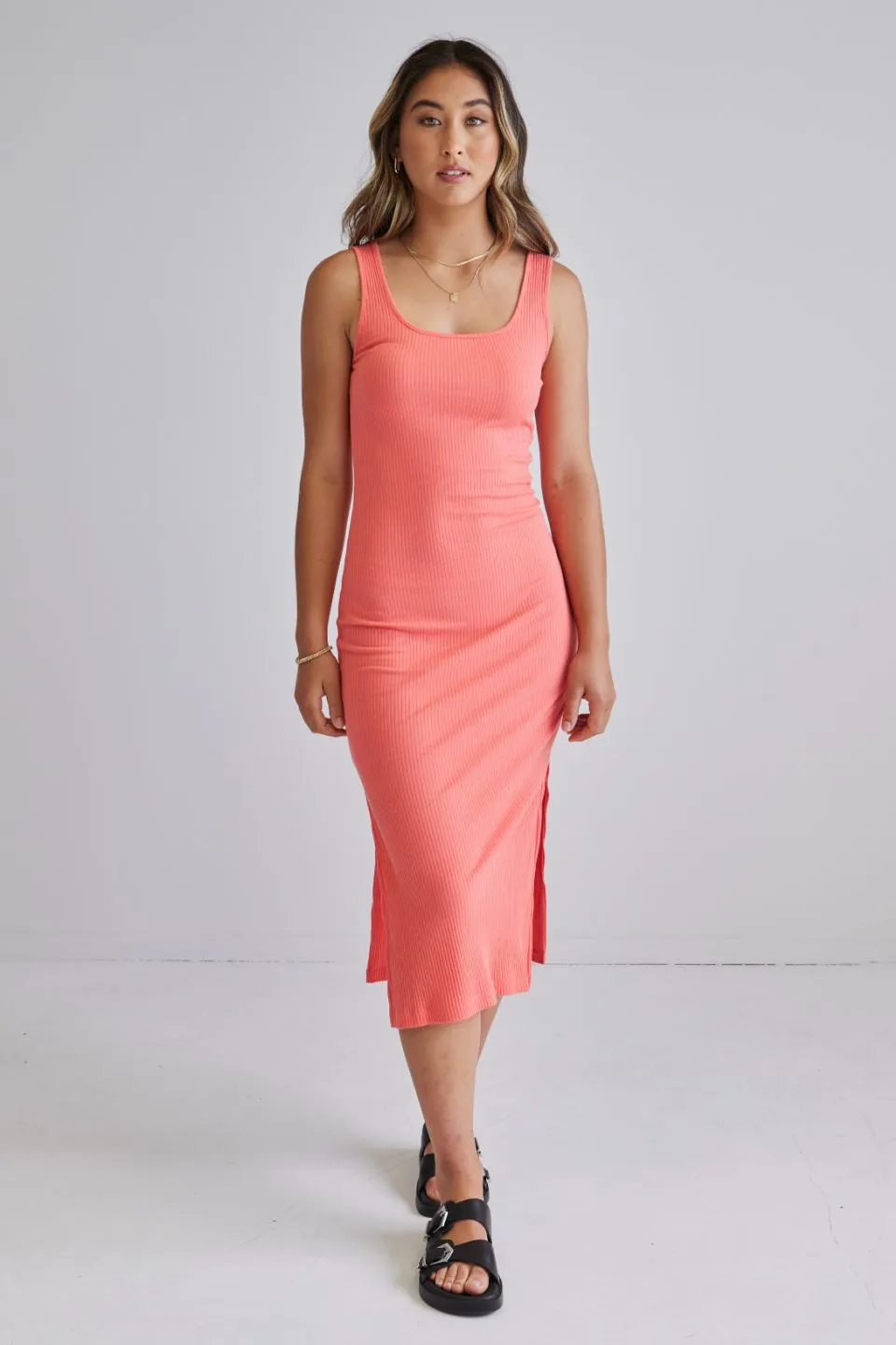 Effortless Watermelon Square Neck Rib Tank Midi Dress