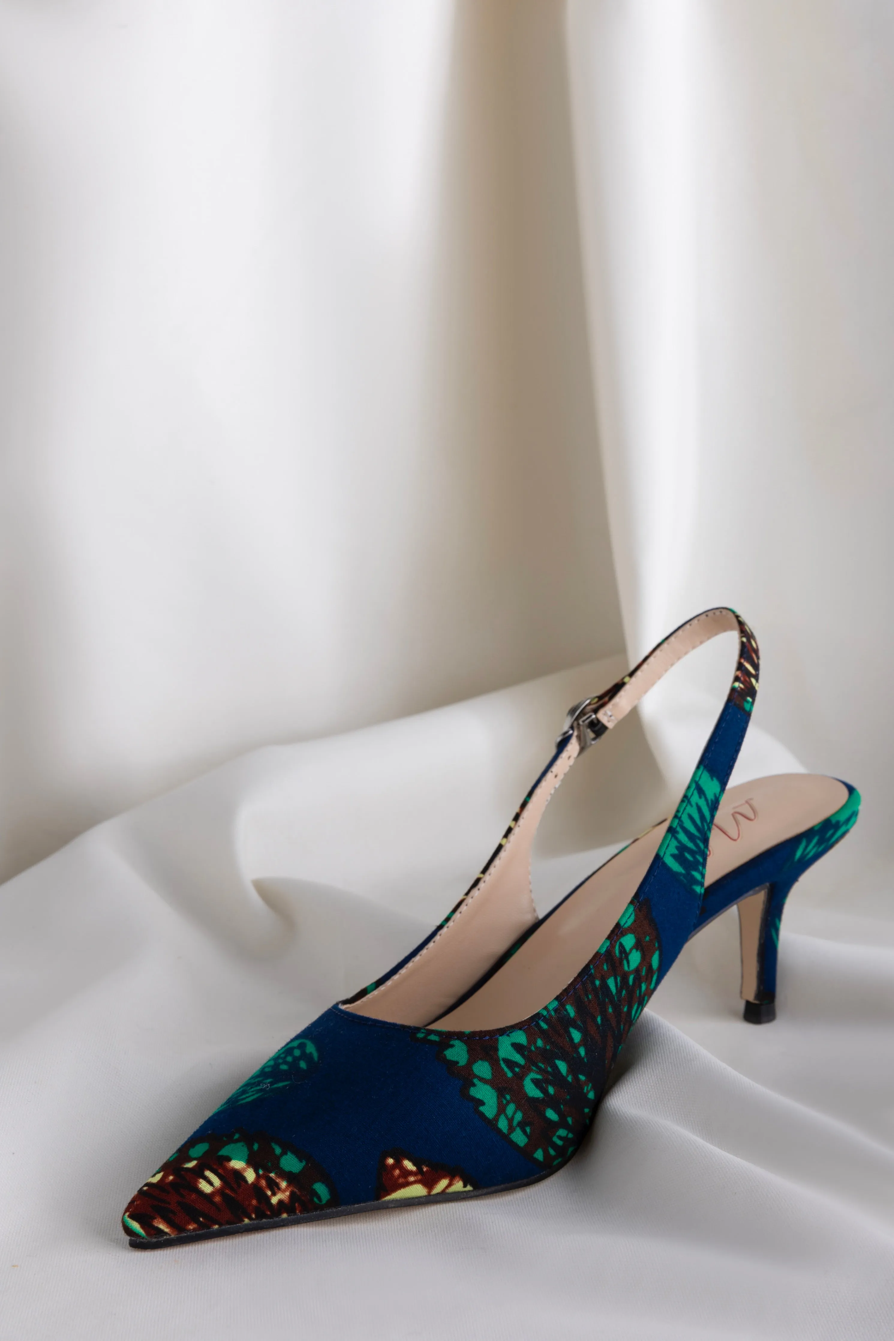 Fabric Slingback Stiletto Pumps - Multicolour - Peacock Pattern