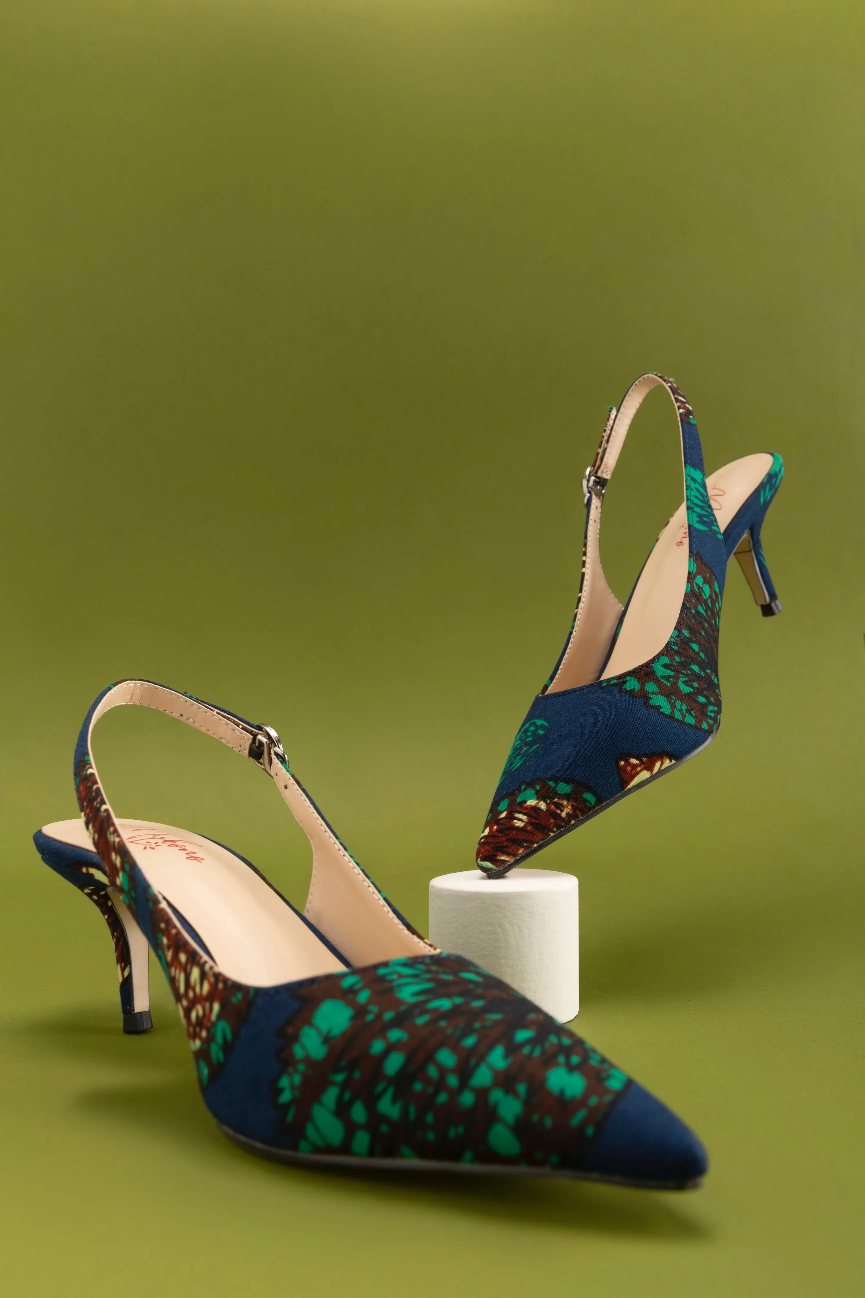 Fabric Slingback Stiletto Pumps - Multicolour - Peacock Pattern