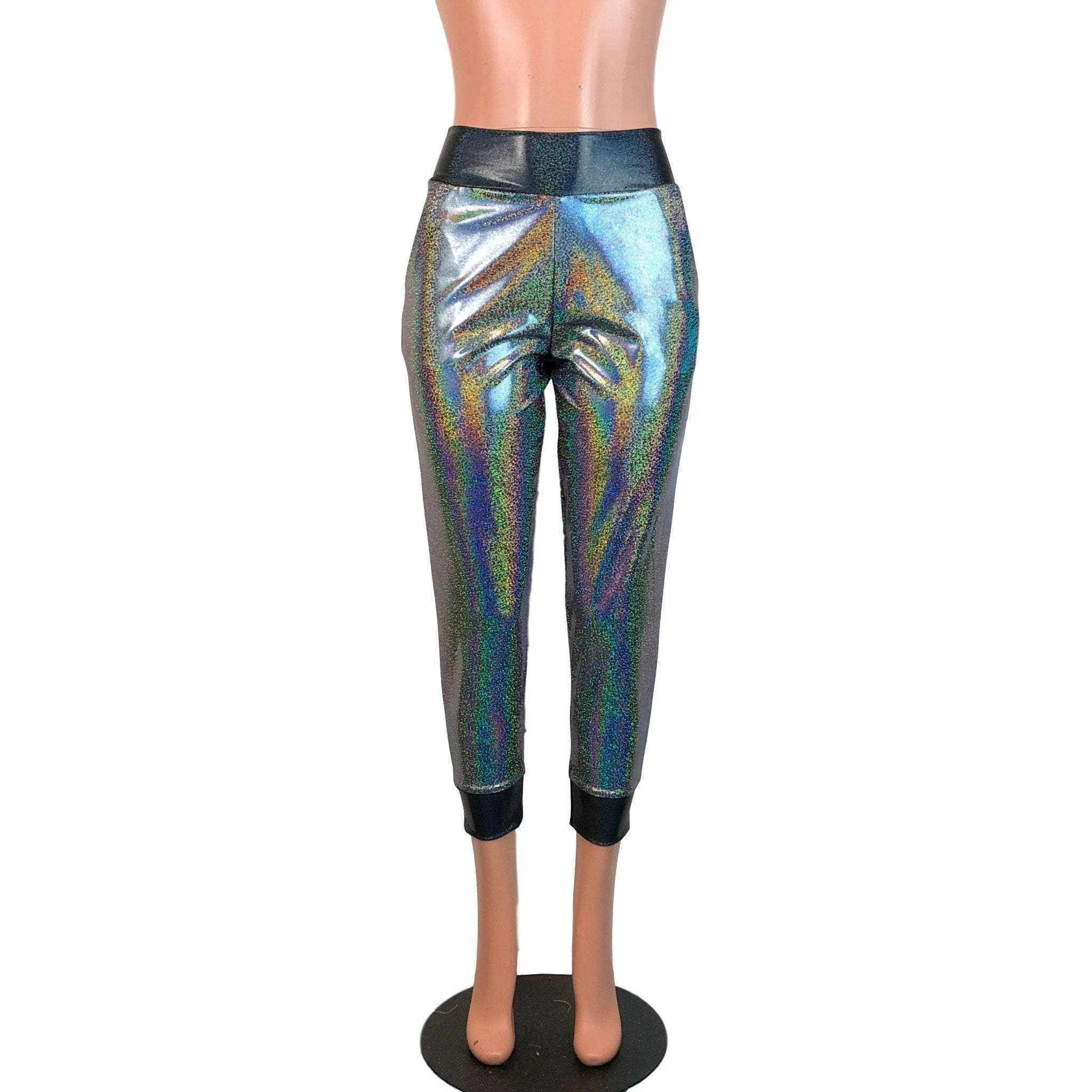 Gleaming Silver W/ Black Holograph Joggers w/ Pockets Women's