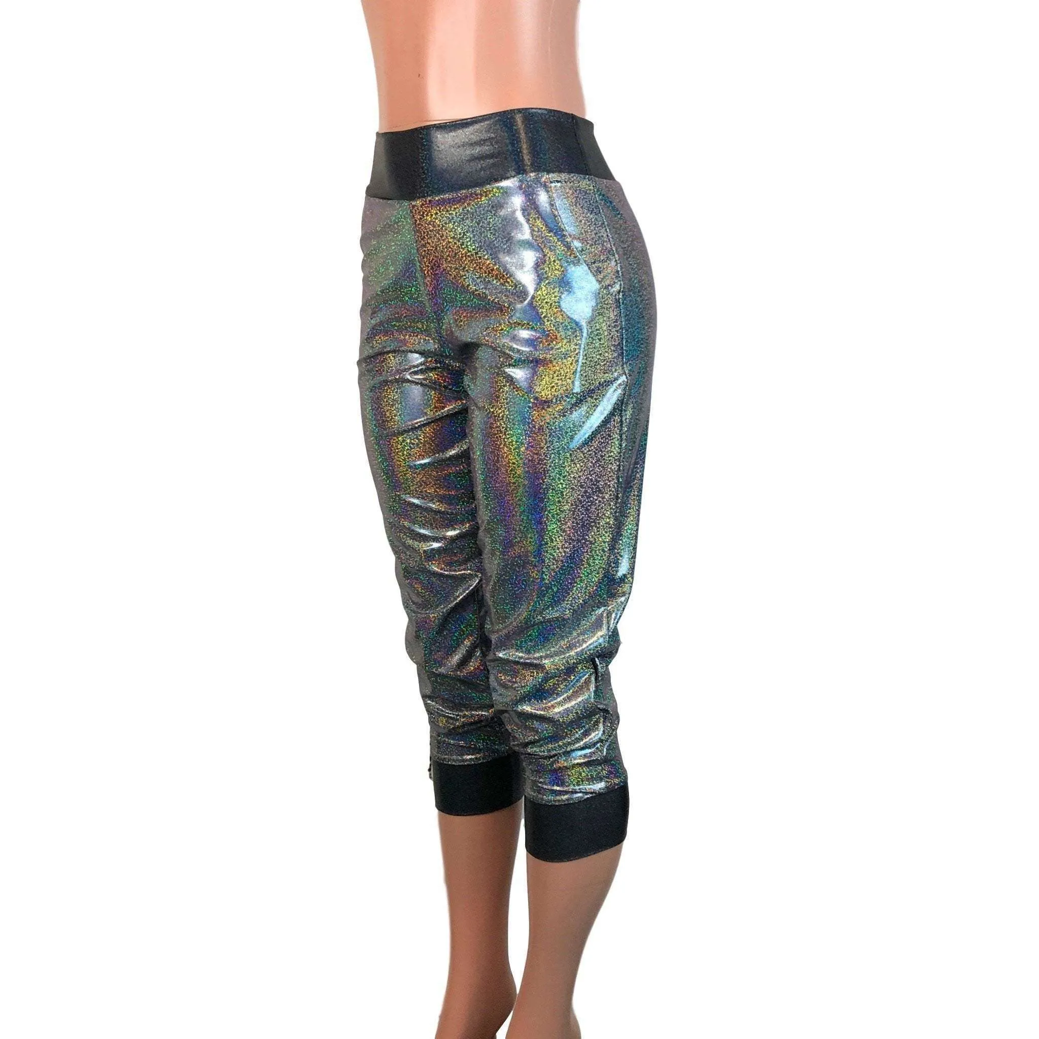 Gleaming Silver W/ Black Holograph Joggers w/ Pockets Women's