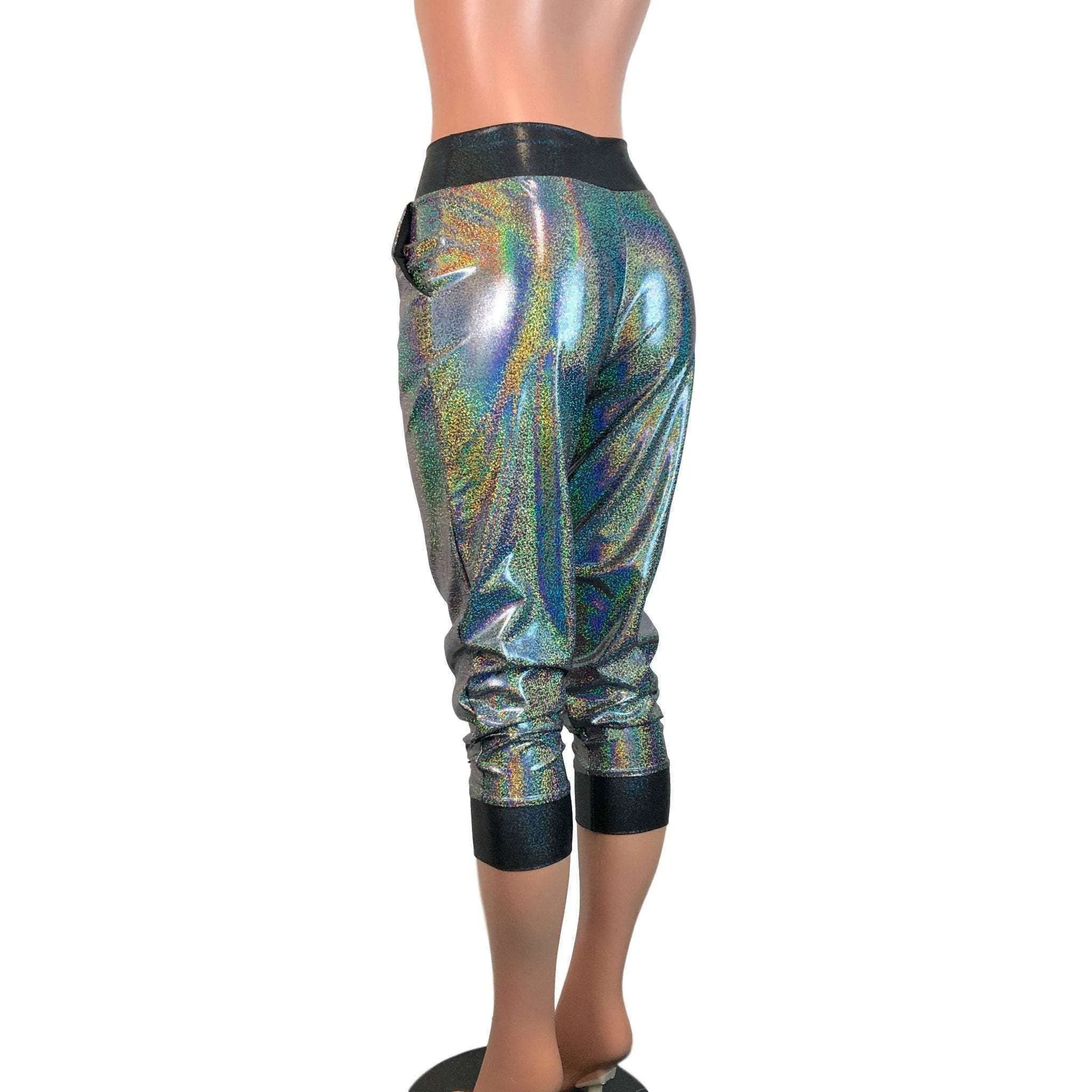 Gleaming Silver W/ Black Holograph Joggers w/ Pockets Women's