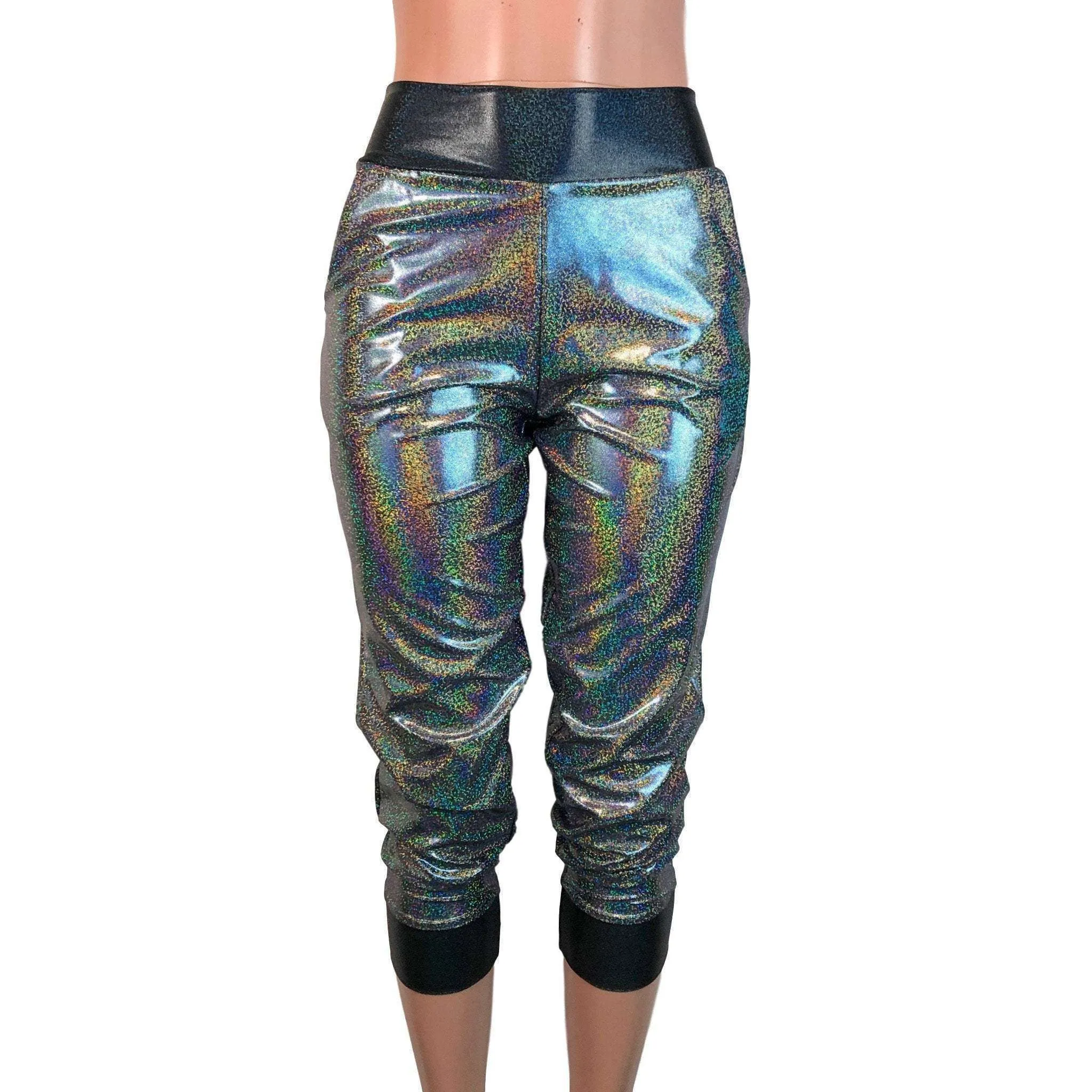 Gleaming Silver W/ Black Holograph Joggers w/ Pockets Women's