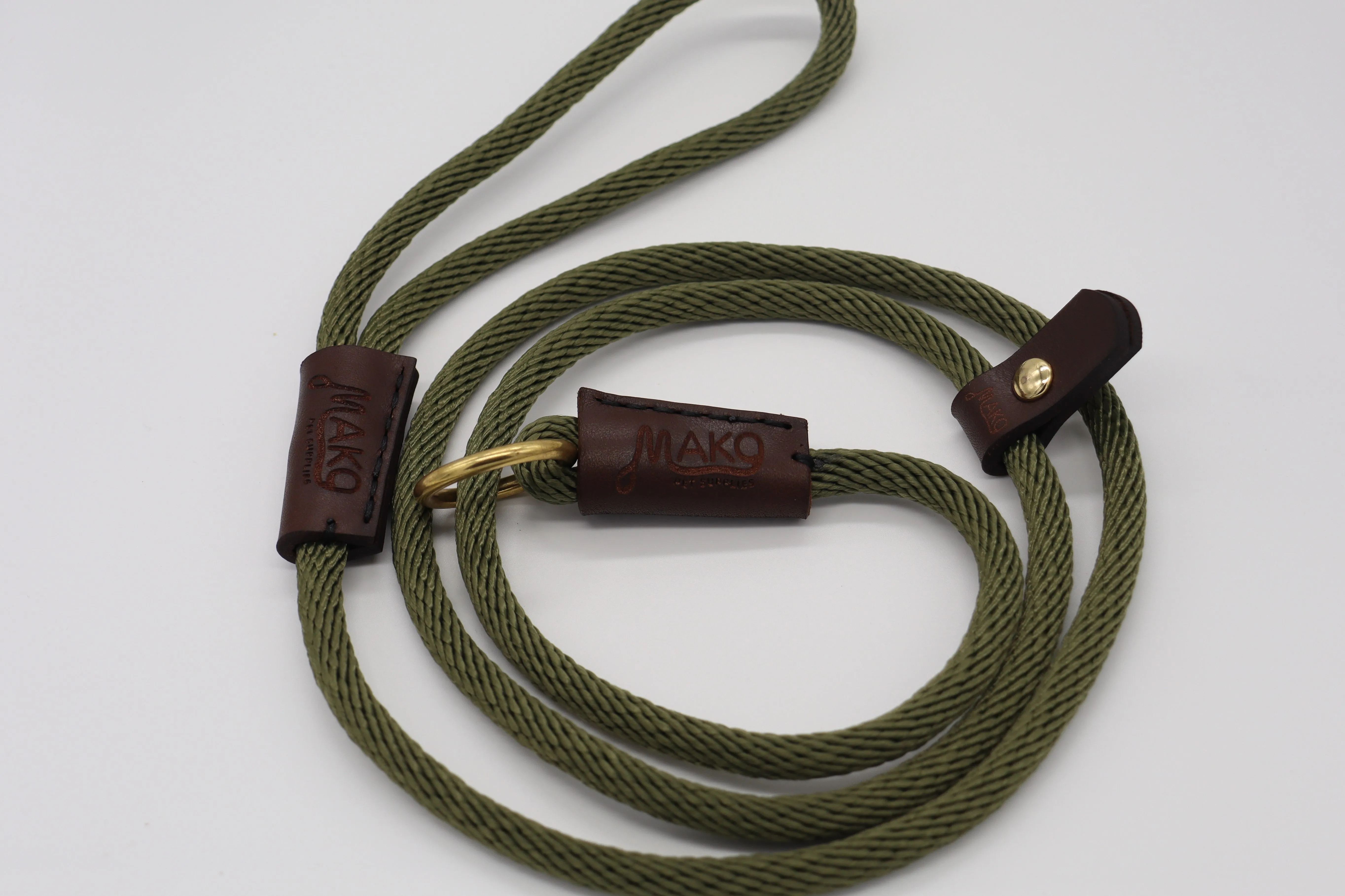 Handmade Slip Lead - Solid Brass and Leather Olive Nylon Twist