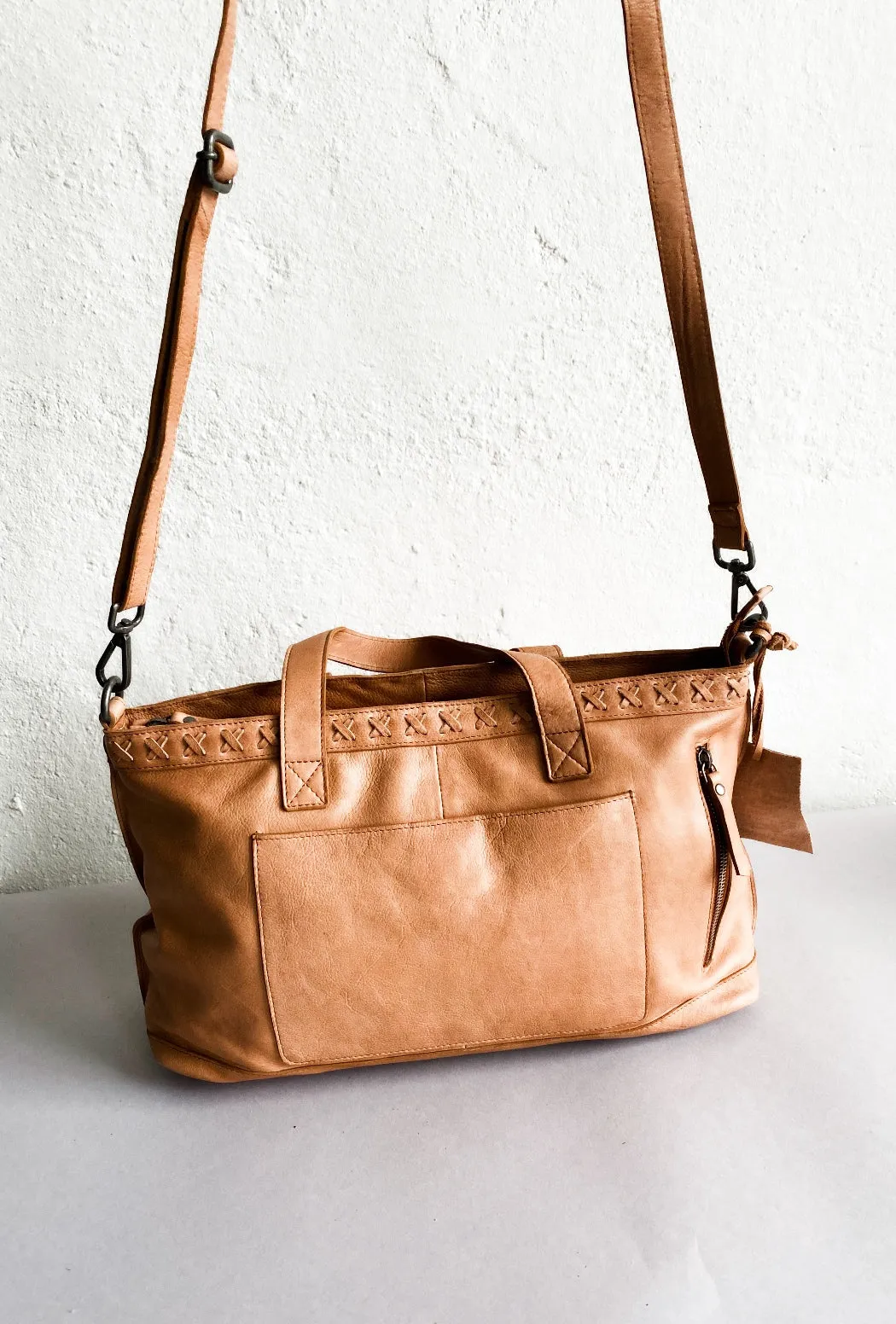 Iris Leather Cross-Body Tote, Tan