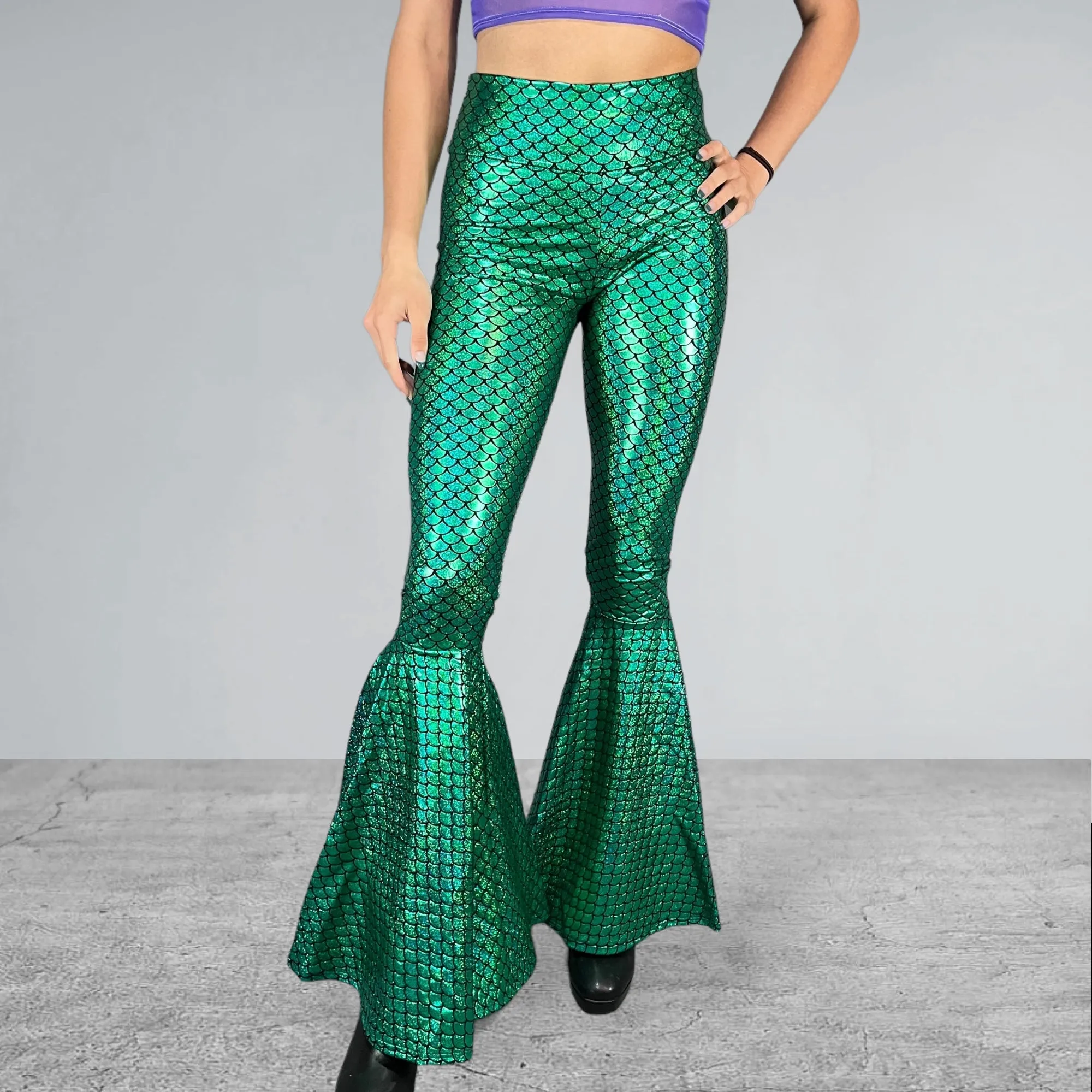 Mermaid Bell Bottoms - Green Metallic Mermaid Scales Costume Flare Pants