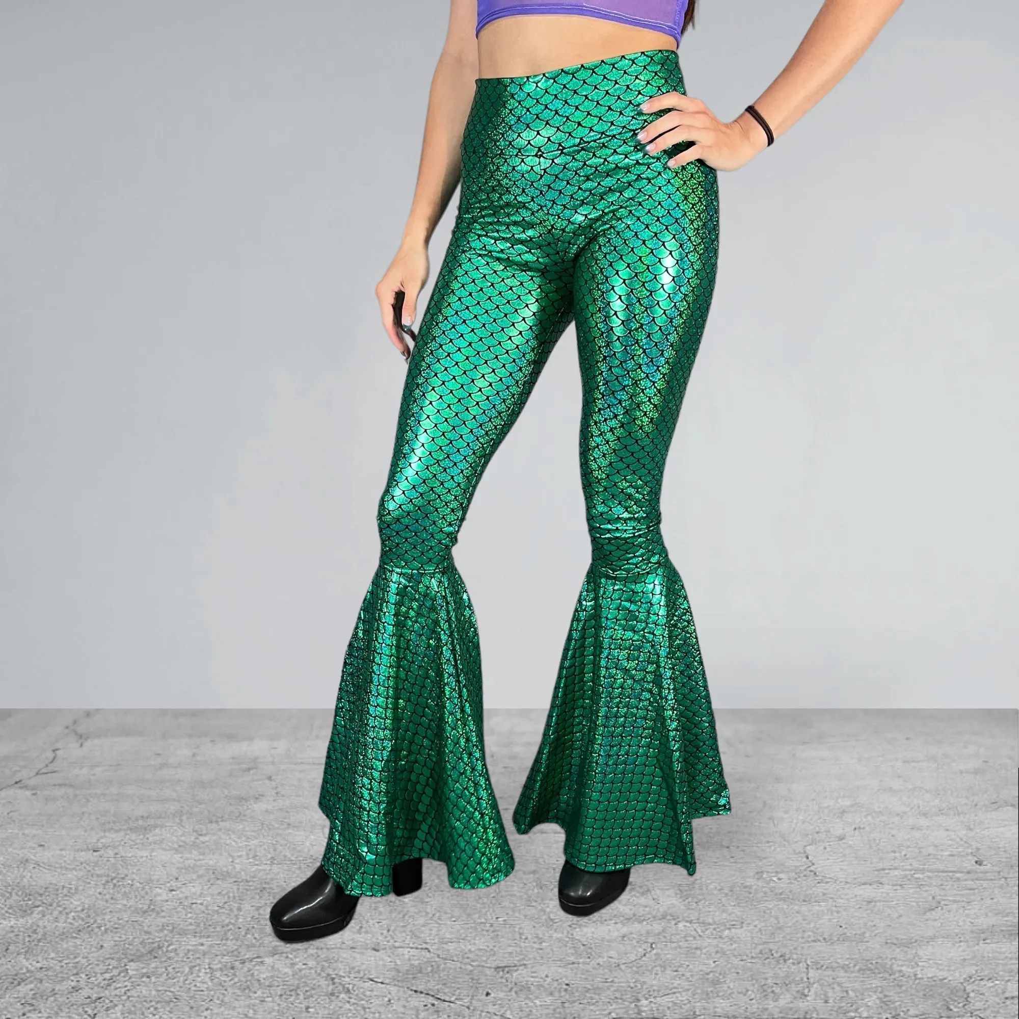 Mermaid Bell Bottoms - Green Metallic Mermaid Scales Costume Flare Pants