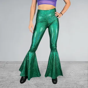 Mermaid Bell Bottoms - Green Metallic Mermaid Scales Costume Flare Pants