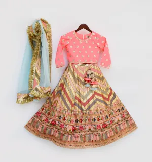 Pre Order: Pink Silk Flower Boti Choli with Embroidery Lehenga and Dupatta