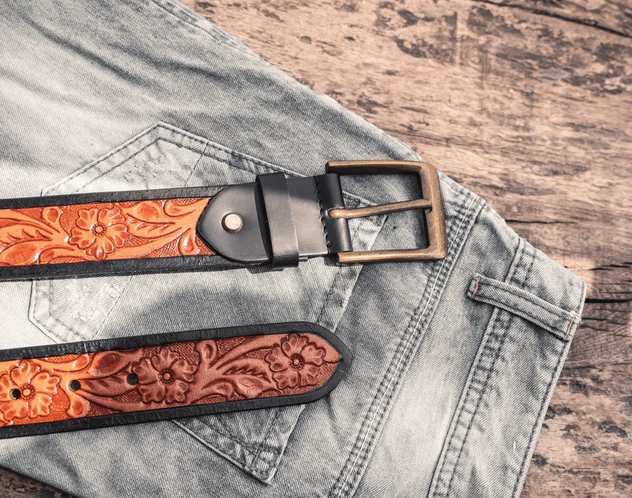 Premium Hand-Made Brown and Black Tooling Belt with Brass Antique Buckle. Art: LB-802