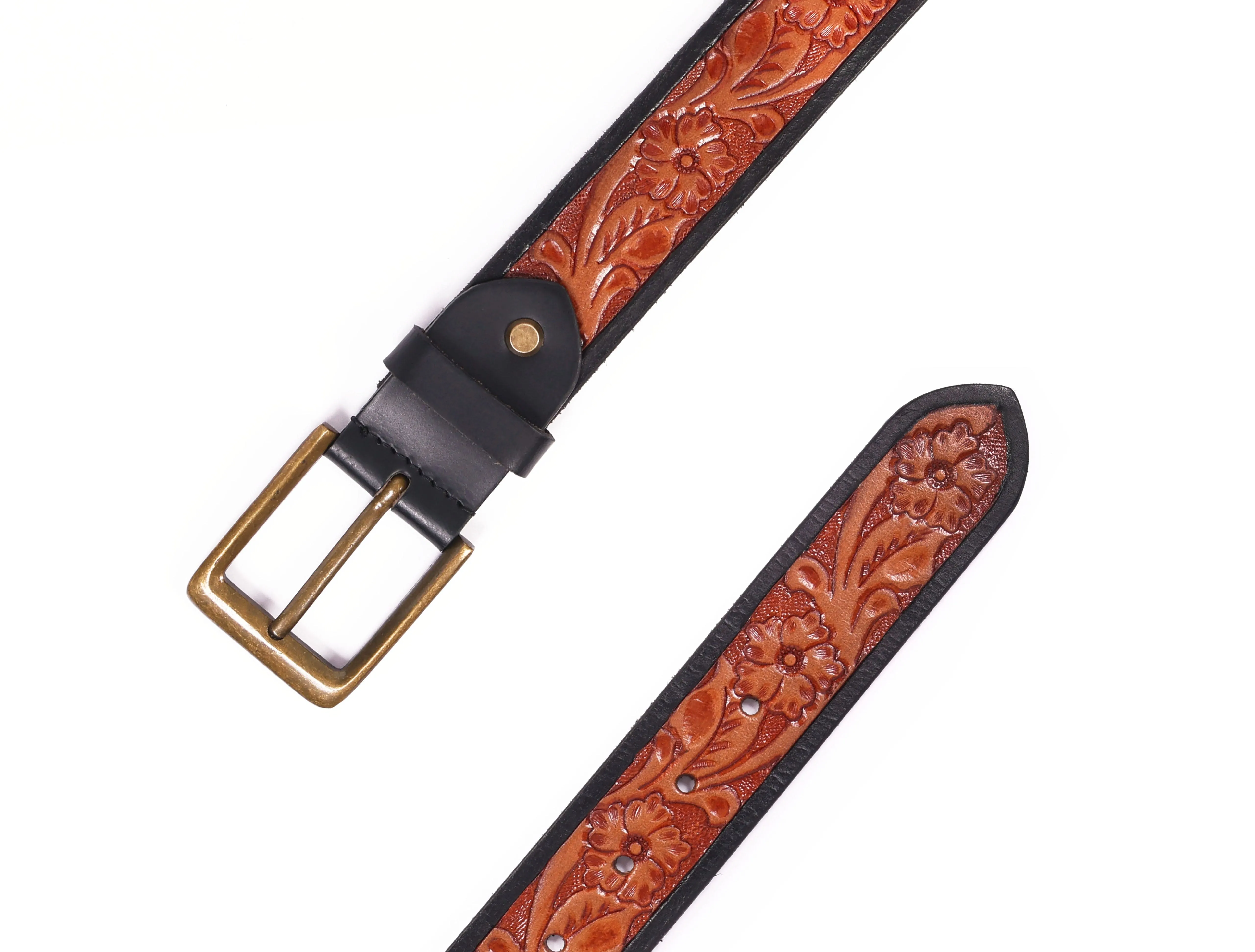 Premium Hand-Made Brown and Black Tooling Belt with Brass Antique Buckle. Art: LB-802