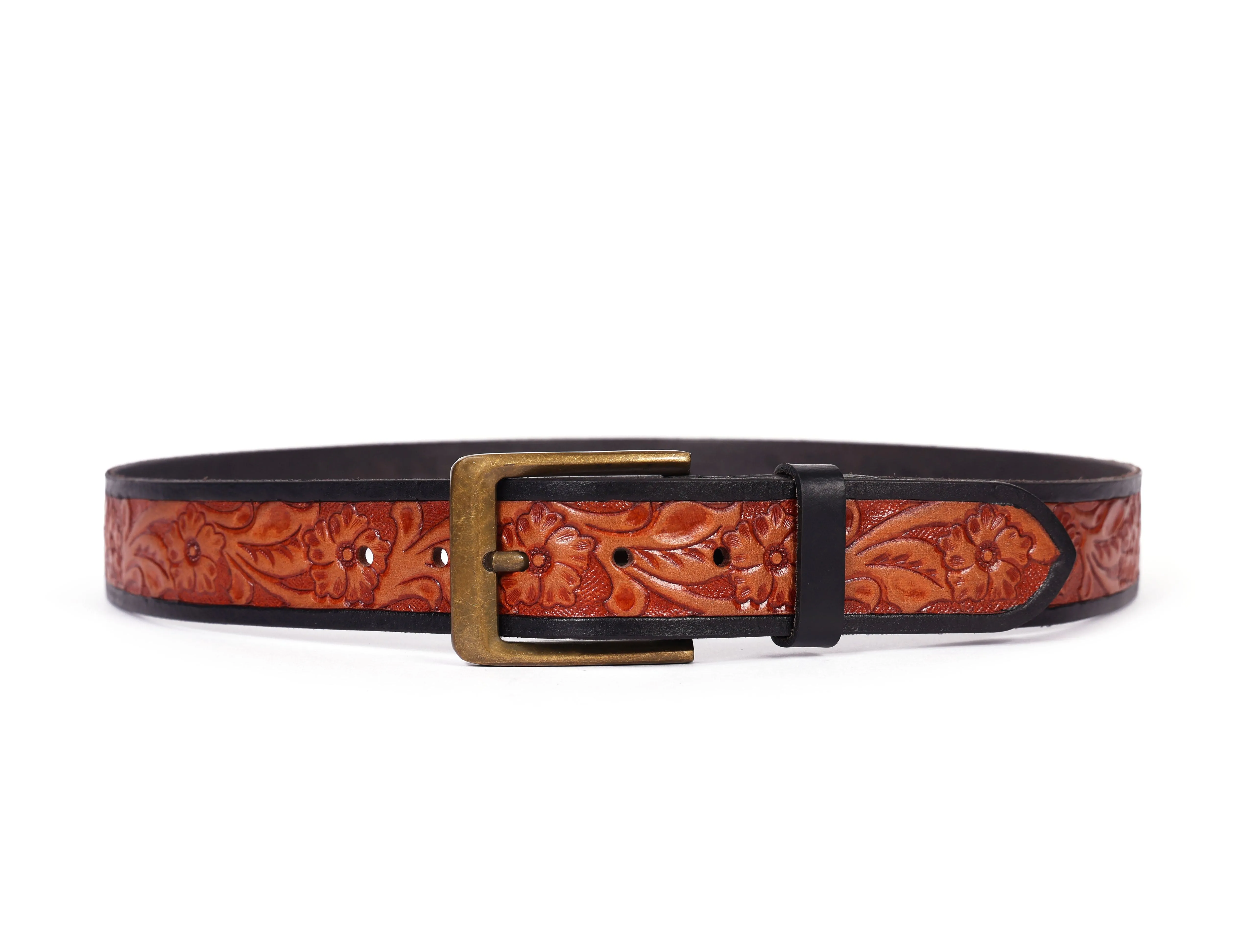 Premium Hand-Made Brown and Black Tooling Belt with Brass Antique Buckle. Art: LB-802