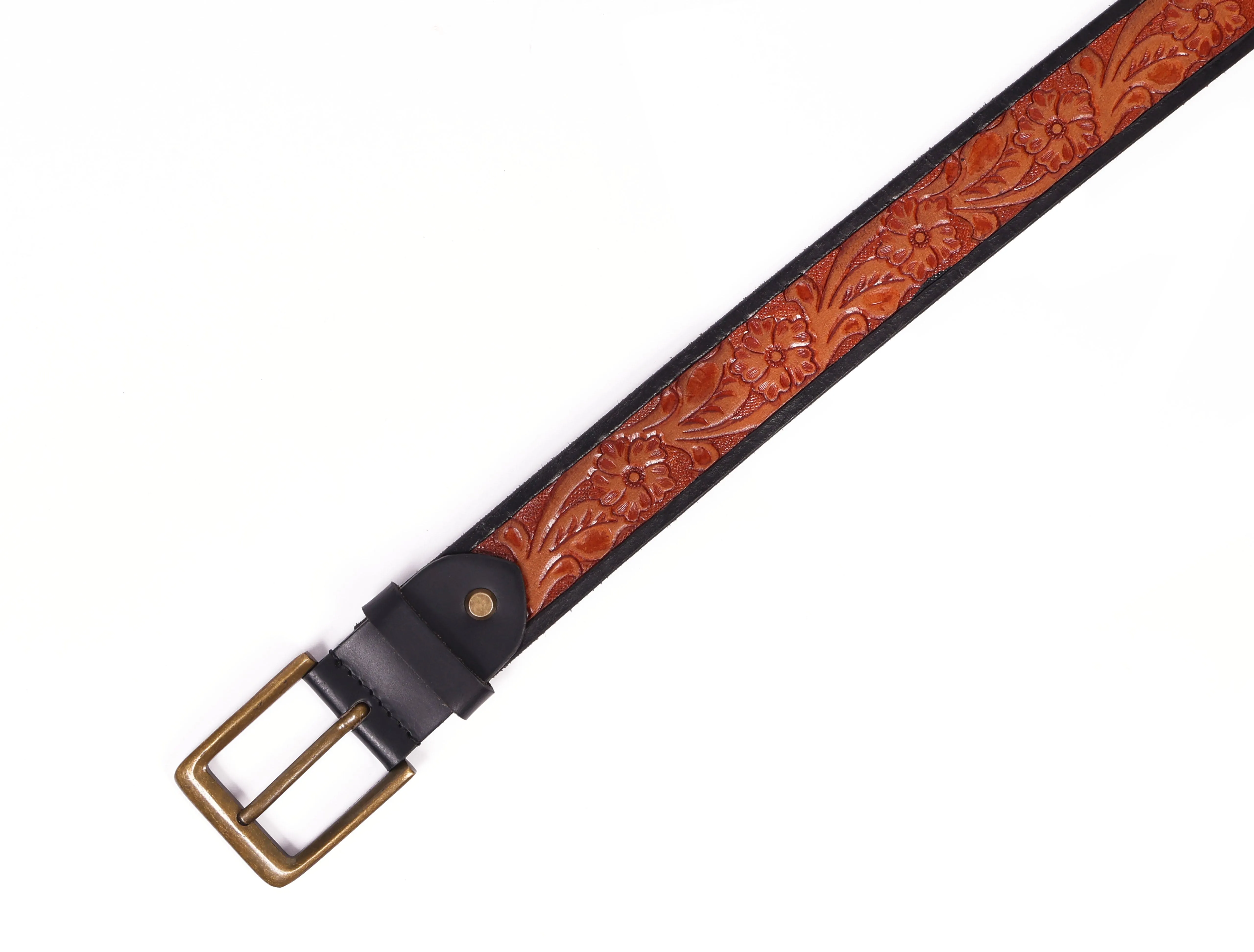 Premium Hand-Made Brown and Black Tooling Belt with Brass Antique Buckle. Art: LB-802