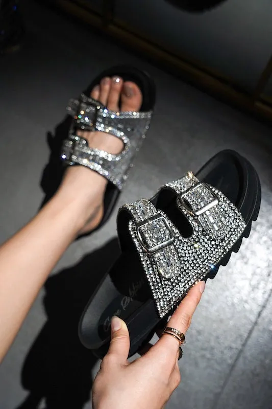 Rhinestone Embellished Buckle Strap Heel