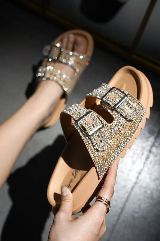 Rhinestone Embellished Buckle Strap Heel