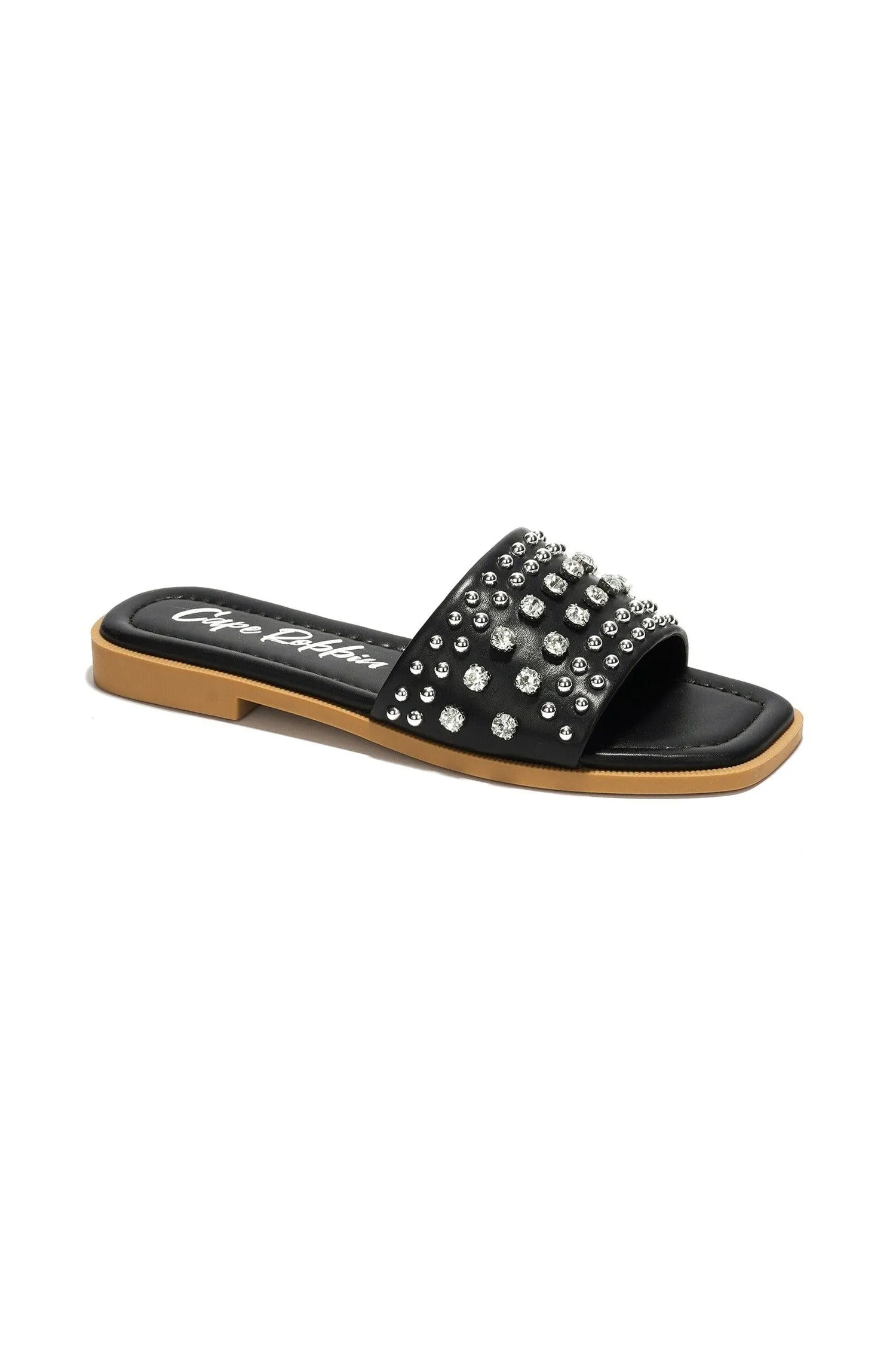 RHINESTONE STUD SQUARE TOE FLAT SANDALS