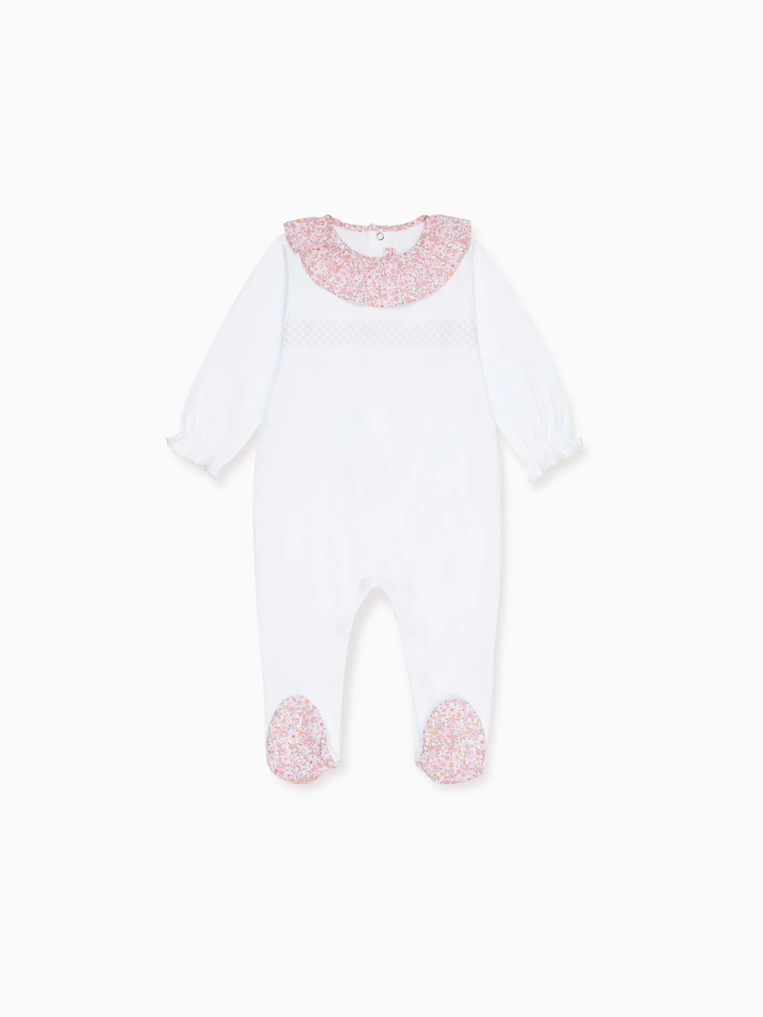 White Flora Baby Girl Smock Sleepsuit